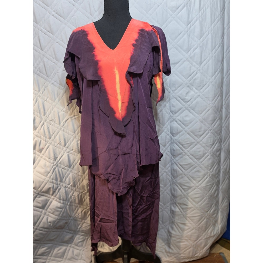 Jeff Kint Bonwit Teller Silk 2pc Set Tie Dye Purple Orange Ruffle Petite READ